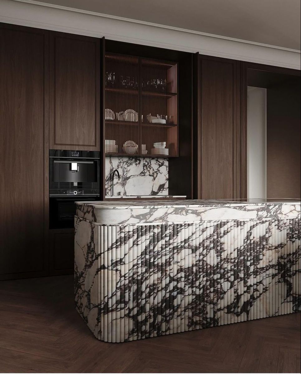 Dark timber and marble kitchen renovated by Trades R Us NSW